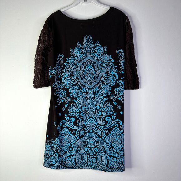 Lady Noiz Dress Women L Brown Turquoise Embellished Bling 3/4 Lace Slv Bohemian - Picture 3 of 8